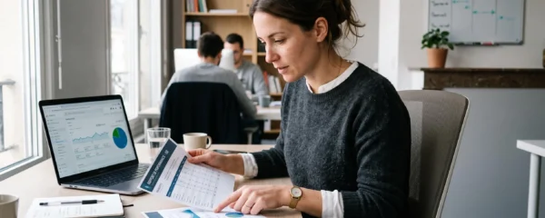 Analyste web comparant deux rapports de performance côte à côte dans un bureau d'agence marketing.