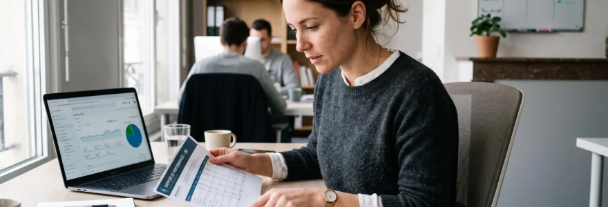 Analyste web comparant deux rapports de performance côte à côte dans un bureau d'agence marketing.
