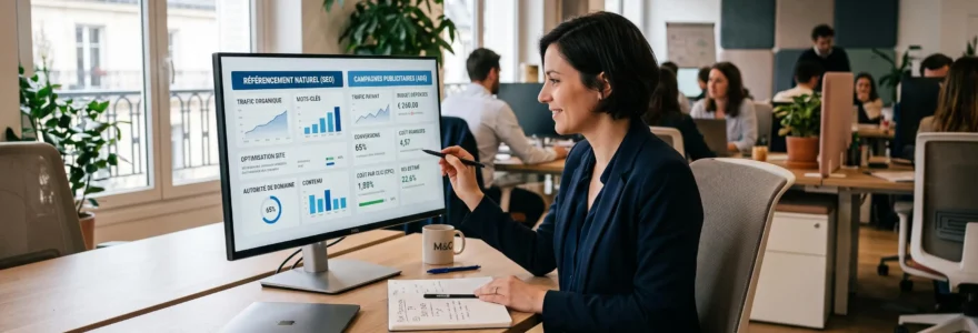 Responsable marketing répartissant un budget entre SEO et Google Ads