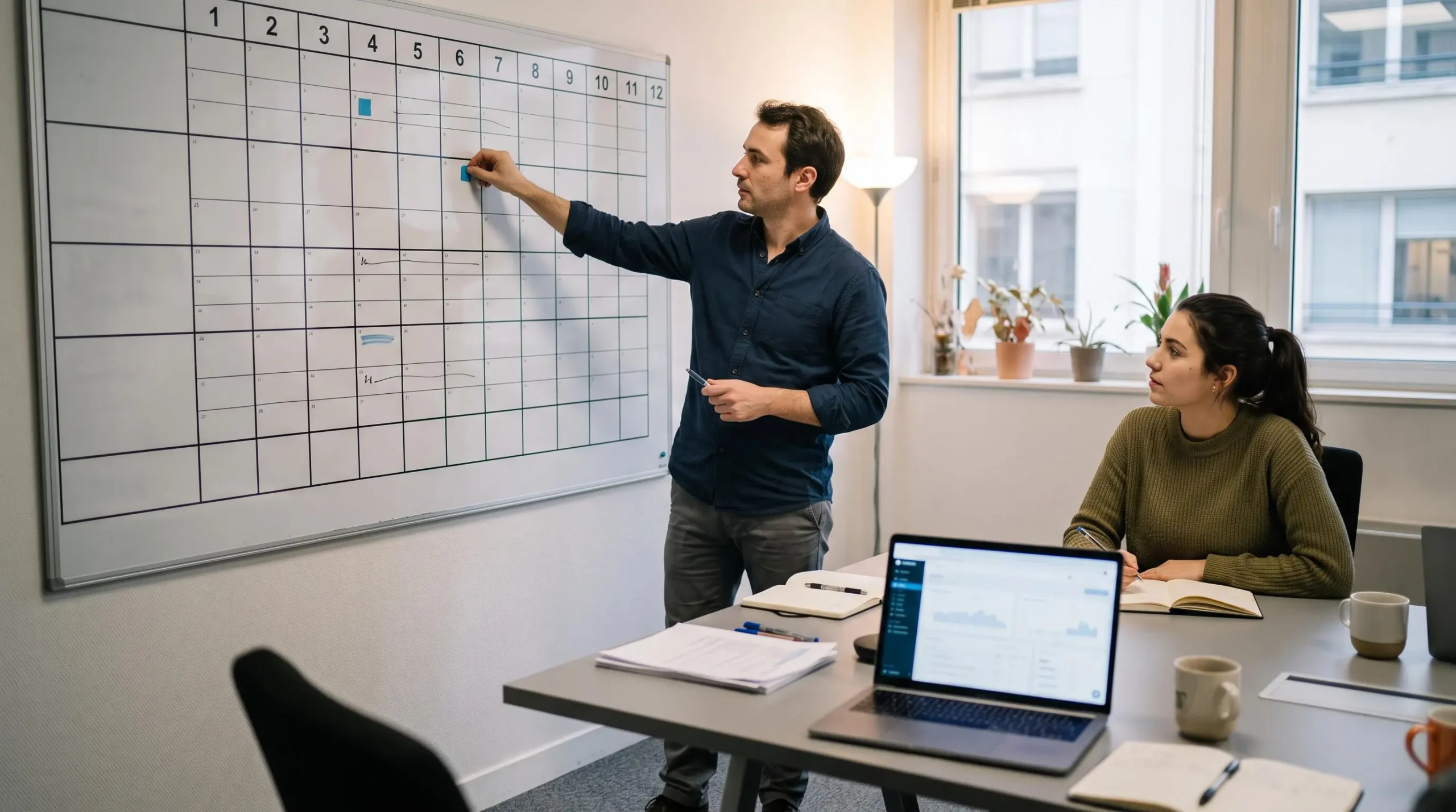 Consultant plaçant un repère sur le troisième mois d'un plan annuel lors d'une réunion d'agence web.