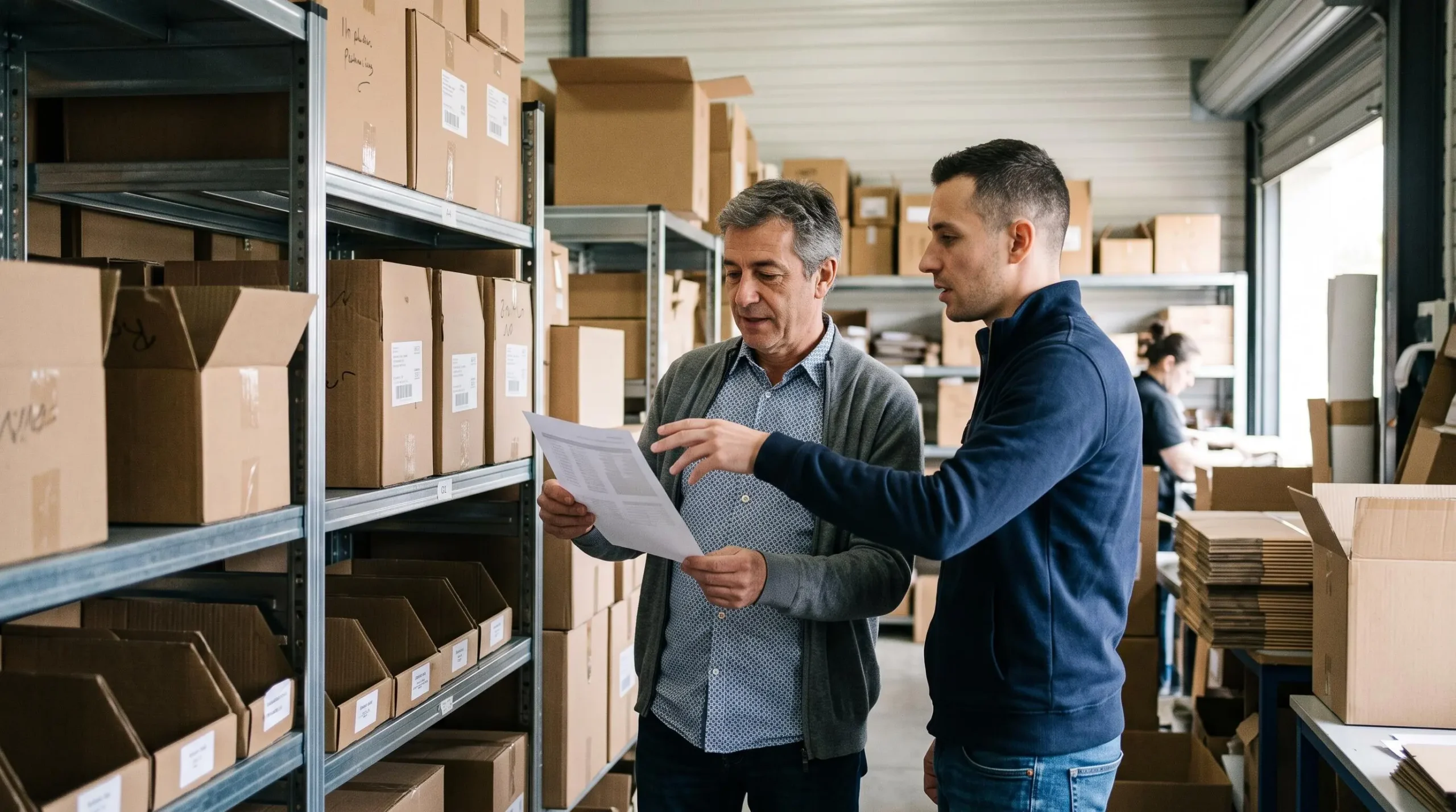 Consultant marketing et dirigeant d'une petite entreprise e-commerce discutant devant des rayonnages de colis.