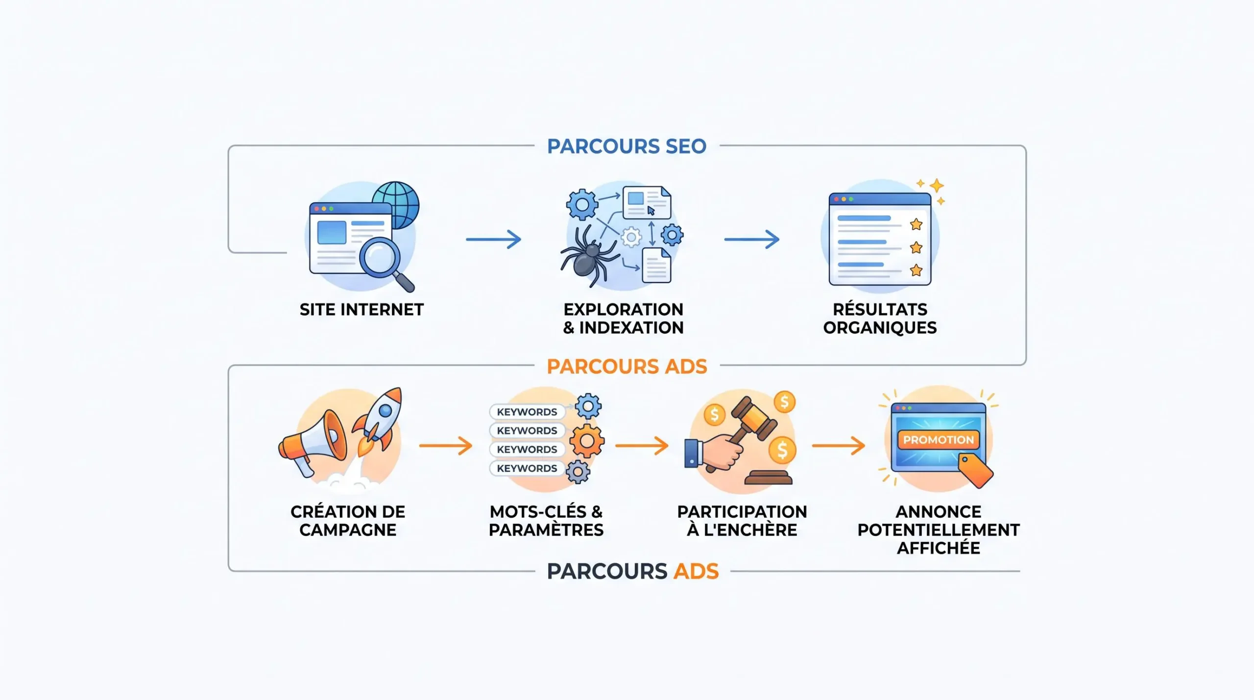 Schéma des mécanismes distincts du SEO et de Google Ads