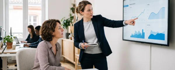 Un consultant SEO explique des résultats d'analyse de trafic web affichés sur un écran à un client assis dans un bureau lumineux.